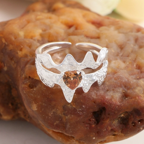 925 Sterling Silver Heart Amber Zirconia Ring Irregular Liquid Metal Lava Texture Adjustable Open Finger Ring Jewelry Gift For Women