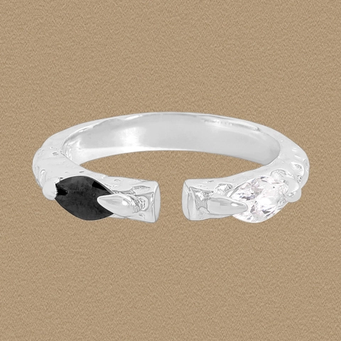 925 Sterlingsilber Ring Nischendesign Gehämmerte Schlangenhaut Textur Schwarz Weiß Zirkonia Offener Verstellbarer Fingerring Damen