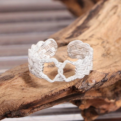 925 Sterlingsilber Offener Ring Für Damen Doppelherz Verflochtene麻花 Gewebte Textur Verstellbarer Fingerring Schmuck Geschenk