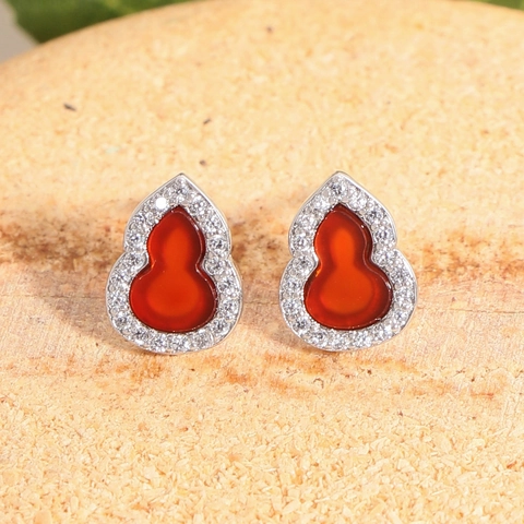 925 Sterling Silver Red Chalcedony Gourd Stud Earrings With Zirconia Korean Style Vintage Luxury Ear Jewelry For Women Gift