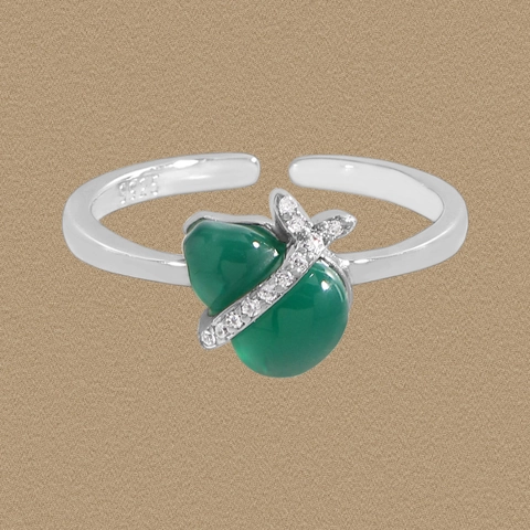 Bague Ouverte en Argent Sterling S925 Calcédoine Verte Forme Calebasse pour Femme Strass Ajustable Design de Luxe Bijoux