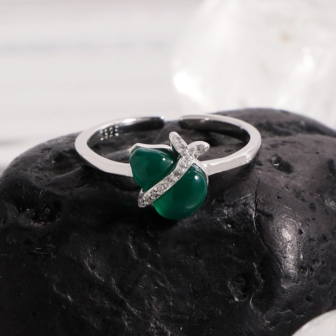 Bague Ouverte en Argent Sterling S925 Calcédoine Verte Forme Calebasse pour Femme Strass Ajustable Design de Luxe Bijoux