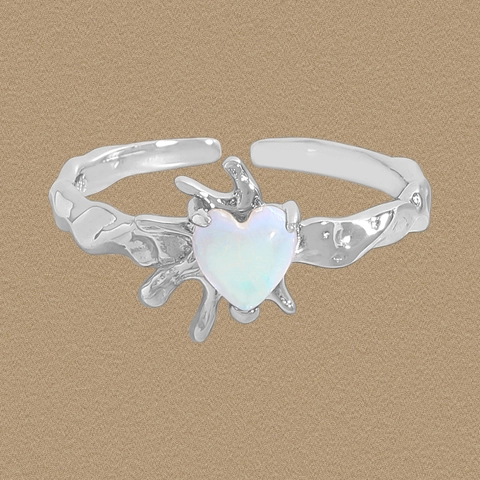 925 Sterlingsilber Herz Mondstein Ring Geschmolzene Textur Flüssigmetall Verstellbar Offen Ring Für Damen Minimalistischer Schmuck