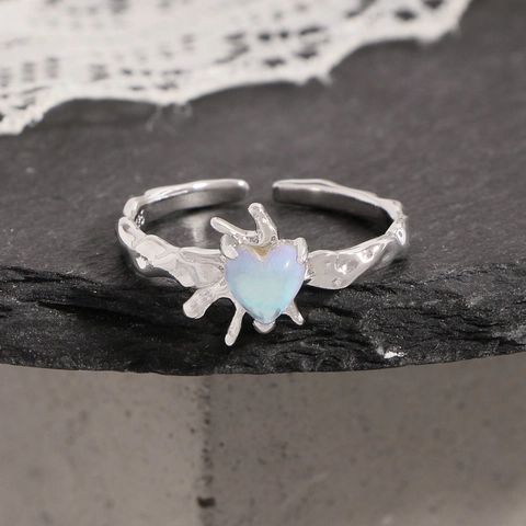 925 Sterlingsilber Herz Mondstein Ring Geschmolzene Textur Flüssigmetall Verstellbar Offen Ring Für Damen Minimalistischer Schmuck