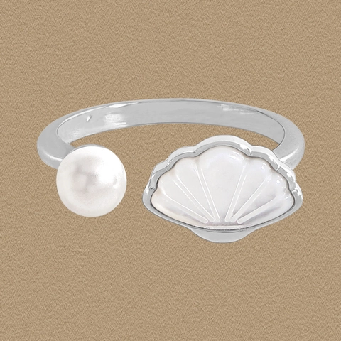 S925 Sterling Silver Open Ring For Women Shell And Artificial Pearl Inlaid Adjustable Elegant Minimalist Finger Ring Jewelry Gift