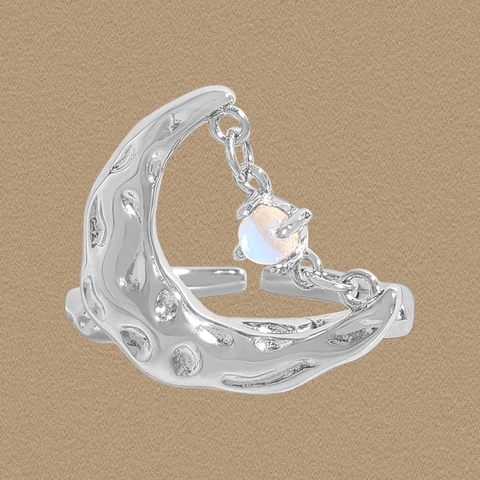 Anello Luna in Argento Sterling S925 con Texture Lava per Donna Ciondolo Pietra di Luna Artificiale Regolabile Gioielli