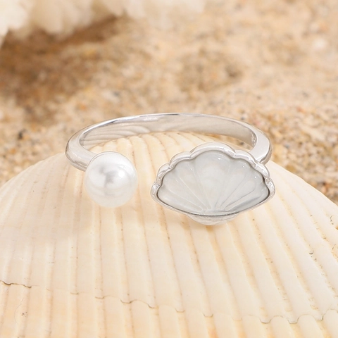 S925 Sterling Silver Open Ring For Women Shell And Artificial Pearl Inlaid Adjustable Elegant Minimalist Finger Ring Jewelry Gift
