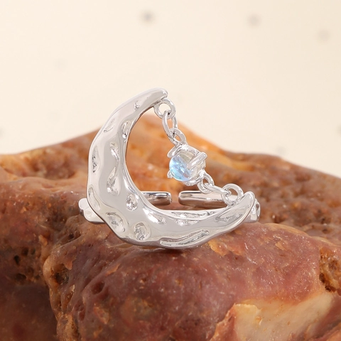 Anello Luna in Argento Sterling S925 con Texture Lava per Donna Ciondolo Pietra di Luna Artificiale Regolabile Gioielli
