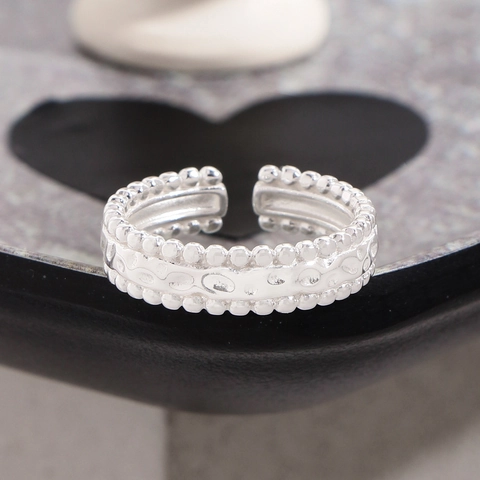 S925 Sterling Silver Beaded Open Ring For Women Minimalist Hammered Texture Adjustable Finger Ring Fashion Jewelry Accessory Gift