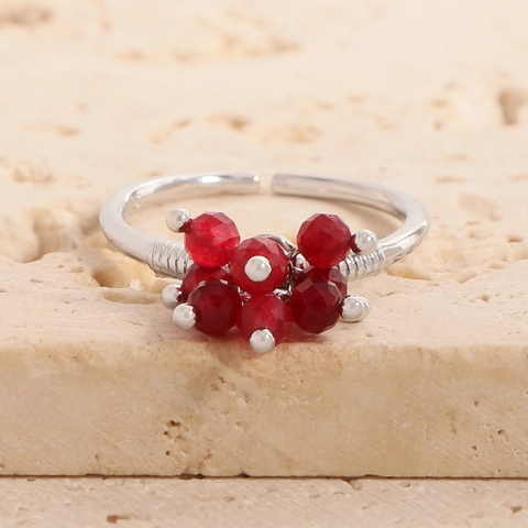 S925 Sterling Silver Adjustable Open Ring For Women Minimalist Cluster Red Rhinestone Geometric Jewelry Finger Ring Gift