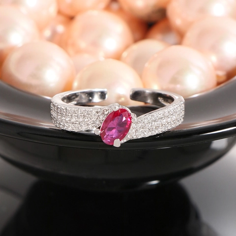 S925 Sterling Silver Rose Red Oval Zirconia Open Ring Elegant Pavé Rhinestone Adjustable Finger Ring Fashion Women Jewelry