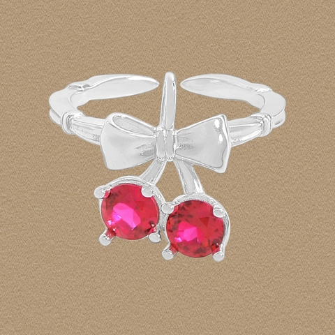 Bague Ouverte Réglable en Argent Sterling S925 Cerise et Nœud pour Femme Avec Zirconia Rouge Incrusté Bijoux de Mode Ins
