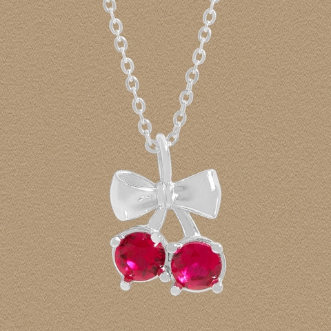 Collana con Pendente a Ciliegia e Fiocco in Argento Sterling 925 per Donna Fiocco in Zirconia Rossa Catena in Argento Gioielli