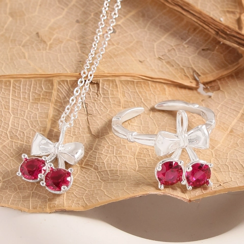Bague Ouverte Réglable en Argent Sterling S925 Cerise et Nœud pour Femme Avec Zirconia Rouge Incrusté Bijoux de Mode Ins