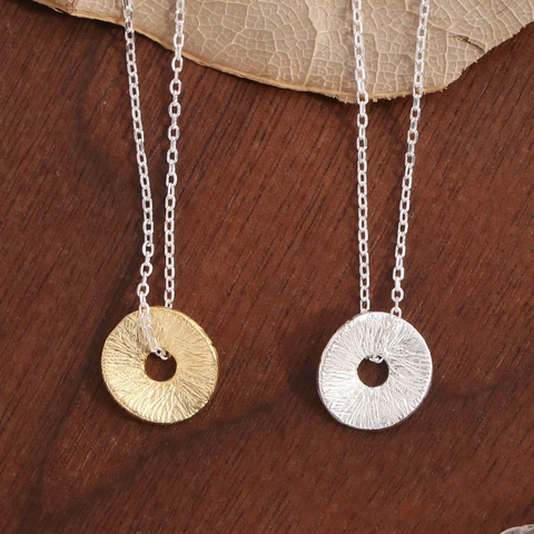 Minimalist 925 Sterling Silver Radiating Round Pendant Necklace Vintage Texture Clavicle Chain Jewelry Gift For Women
