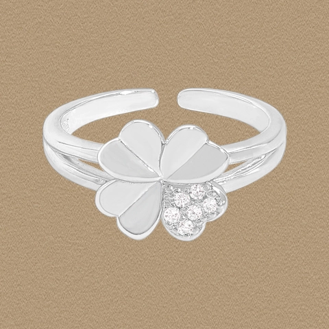 Anillo Ajustable Abierto de Plata de Ley 925 con Trébol de Cuatro Hojas Corazón Strass para Mujer Joyería de Moda Elegante