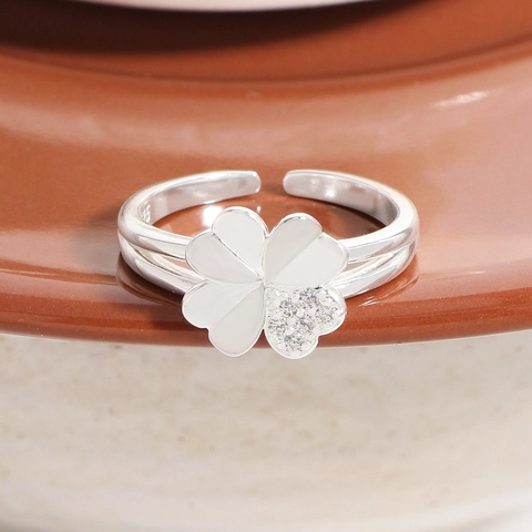 Anillo Ajustable Abierto de Plata de Ley 925 con Trébol de Cuatro Hojas Corazón Strass para Mujer Joyería de Moda Elegante