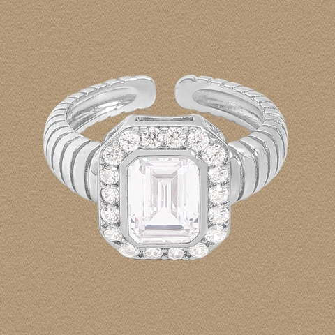 S925 Sterling Silver Emerald Cut Zirconia Open Ring Vintage Cable Twist Texture Adjustable Halo Engagement Finger Ring Women Jewelry