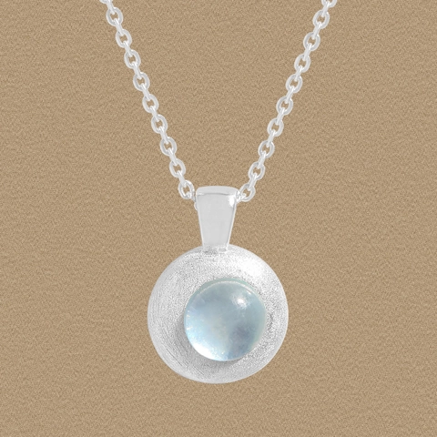 Women's S925 Sterling Silver Aquamarine Pendant Necklace Brushed Finish Round Geometric Minimalist Jewelry Gift For Her
