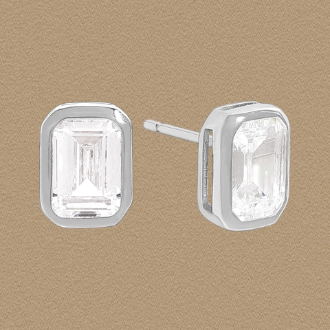 Orecchini a Bottone in Argento Sterling S925 Taglio Smeraldo Zirconia Quadrata Minimalista Placcato Platino Per Donna