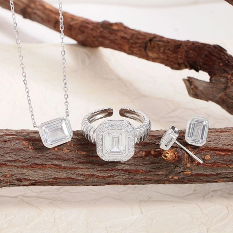 S925 Sterling Silver Emerald Cut Zirconia Open Ring Vintage Cable Twist Texture Adjustable Halo Engagement Finger Ring Women Jewelry