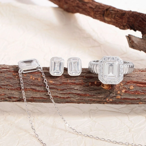 Orecchini a Bottone in Argento Sterling S925 Taglio Smeraldo Zirconia Quadrata Minimalista Placcato Platino Per Donna