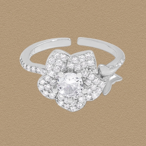 925 Sterling Silver Flower Heart Butterfly Adjustable Open Ring For Women Elegant Zirconia Inlaid Fashion Finger Ring