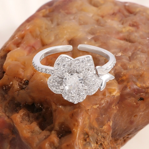 925 Sterling Silver Flower Heart Butterfly Adjustable Open Ring For Women Elegant Zirconia Inlaid Fashion Finger Ring
