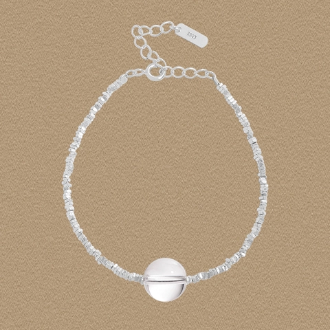Bracciale S925 in Argento Sterling con Perline di Cristallo Bianco per Donna Gioiello Regolabile in Stile Argento Triturato