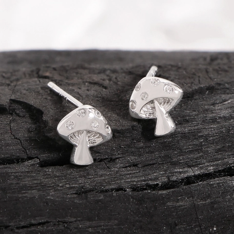 Minimalist 925 Sterling Silver Mushroom Stud Earrings For Women Cute Zirconia Inlaid White Gold Plated Small Tiny Jewelry Gift