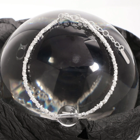 Bracciale S925 in Argento Sterling con Perline di Cristallo Bianco per Donna Gioiello Regolabile in Stile Argento Triturato