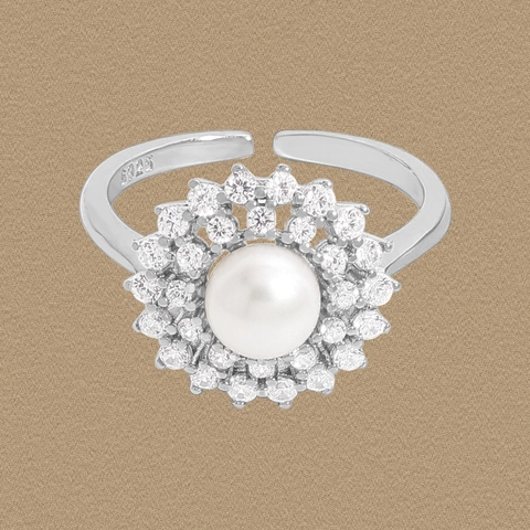Elegant 925 Sterling Silver Natural Pearl Ring For Women Double Halo Zirconia Sunflower Shape Adjustable Open Finger Ring Jewelry