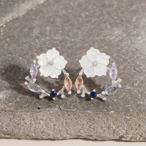 S925 Sterling Silver Colorful Zirconia Mother Of Pearl Flower Stud Earrings For Women Tiny Floral Fashion Ear Jewelry Gift