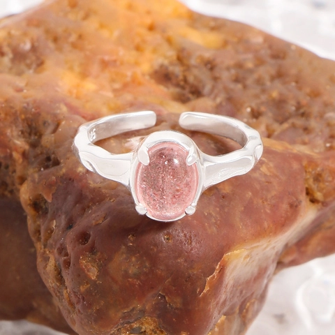 S925 Sterlingsilber Erdbeerquarz Offener Ring Für Damen Verstellbare Organische Textur Minimalistisches Design Fingerring Schmuck Geschenk