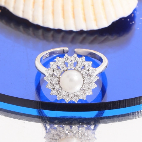 Elegant 925 Sterling Silver Natural Pearl Ring For Women Double Halo Zirconia Sunflower Shape Adjustable Open Finger Ring Jewelry