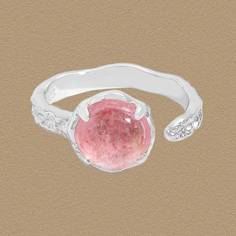 S925 Sterlingsilber Natürlicher Erdbeerquarz Offener Ring Für Damen Unregelmäßige Textur Rosa Edelstein Verstellbarer Ring Schmuck