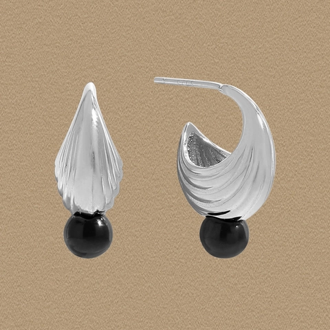 S925 Sterling Silver Shell Texture Stud Earrings For Women Minimalist Wave Pattern Black Agate Bead Geometric Fashion Jewelry