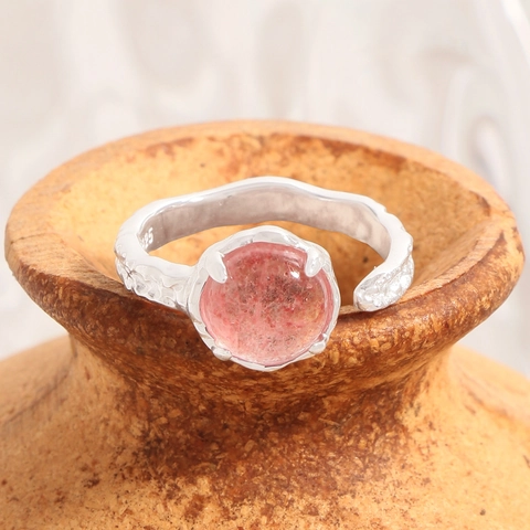 S925 Sterlingsilber Natürlicher Erdbeerquarz Offener Ring Für Damen Unregelmäßige Textur Rosa Edelstein Verstellbarer Ring Schmuck