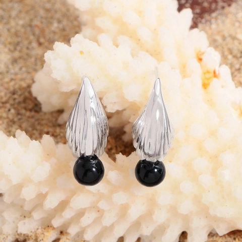 S925 Sterling Silver Shell Texture Stud Earrings For Women Minimalist Wave Pattern Black Agate Bead Geometric Fashion Jewelry