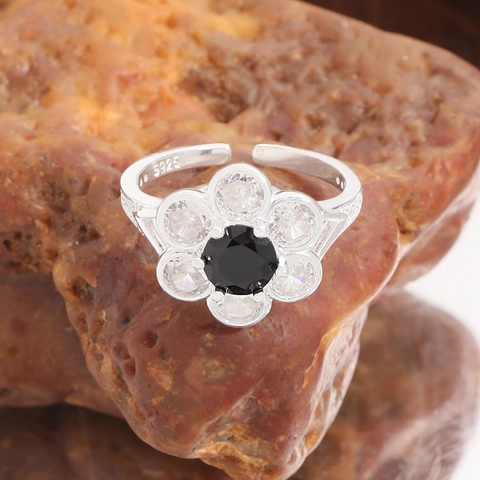 S925 Sterlingsilber Blume Offener Ring Mit Schwarzem Zirkonia Verstellbarer Fingerring Für Damen Koreanische Mode Schmuck