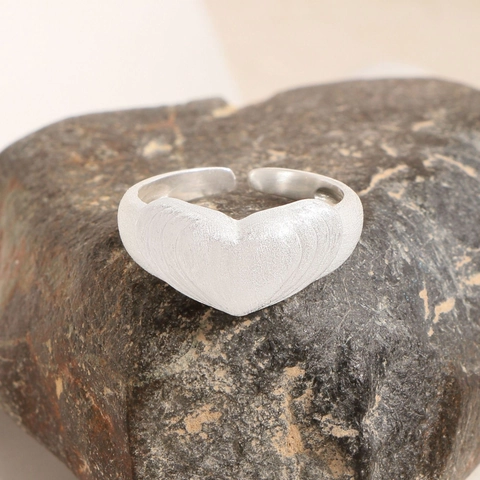 Anello Aperto a Cuore in Argento Sterling S925 Spazzolato Opaco Regolabile Moda Coreana Ins con Strass Gioielli da Donna
