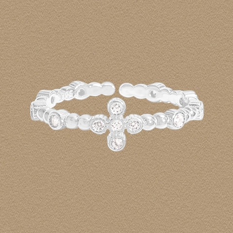 S925 Sterling Silver Zirconia Cross Open Ring For Women Niche Design Beaded Adjustable Finger Ring Fashion Jewelry Gift