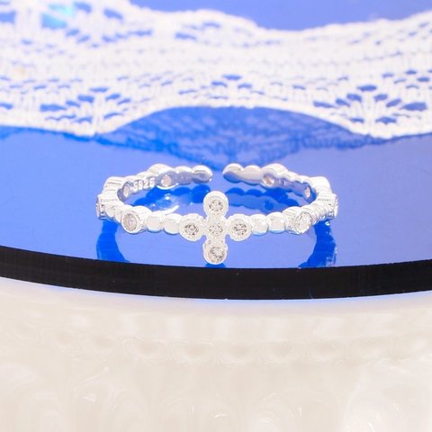 S925 Sterling Silver Zirconia Cross Open Ring For Women Niche Design Beaded Adjustable Finger Ring Fashion Jewelry Gift