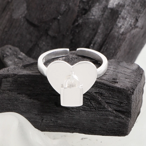 S925 Sterling Silber Herz Schloss Anhänger Offener Ring Für Damen Minimalistisch Verstellbar Ins Stil Polierter Fingerring