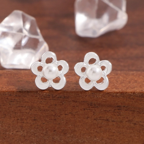 Pendientes de Botón de Flor Hueca de Plata de Ley 925 Para Mujer Minimalistas de Perla Artificial Joyería