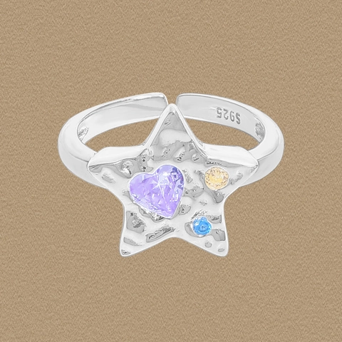 925 Sterling Zilver Lava Textuur Ster Ring Voor Vrouwen Paars Hart Zirconia Gehamerd Ontwerp Verstelbare Open Ring Sieraden