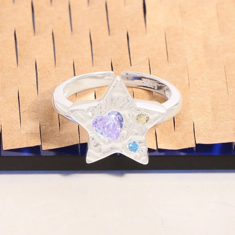 925 Sterling Zilver Lava Textuur Ster Ring Voor Vrouwen Paars Hart Zirconia Gehamerd Ontwerp Verstelbare Open Ring Sieraden