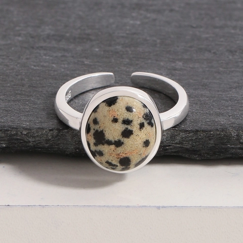 S925 Sterlingsilber Dalmatiner-Jaspis Ring Für Damen Minimalistisch Naturstein Verstellbar Offener Fingerring Mode Schmuck