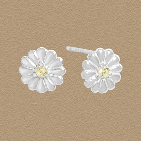 Pendientes de Botón de Margarita de Plata de Ley 925 para Mujer Lindos Pendientes Pequeños de Flor Blanca y Strass Joyería Regalo