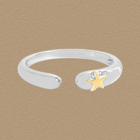 925 Sterling Zilveren Ster Open Ring Voor Dames Verstelbaar Tweekleurig Goud Zeester Minimalistische Mode Vinger Sieraden